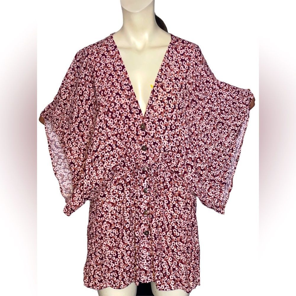 Vici Pink And Purple Floral Empire Waist Button Front Tunic Mini Dress Size S